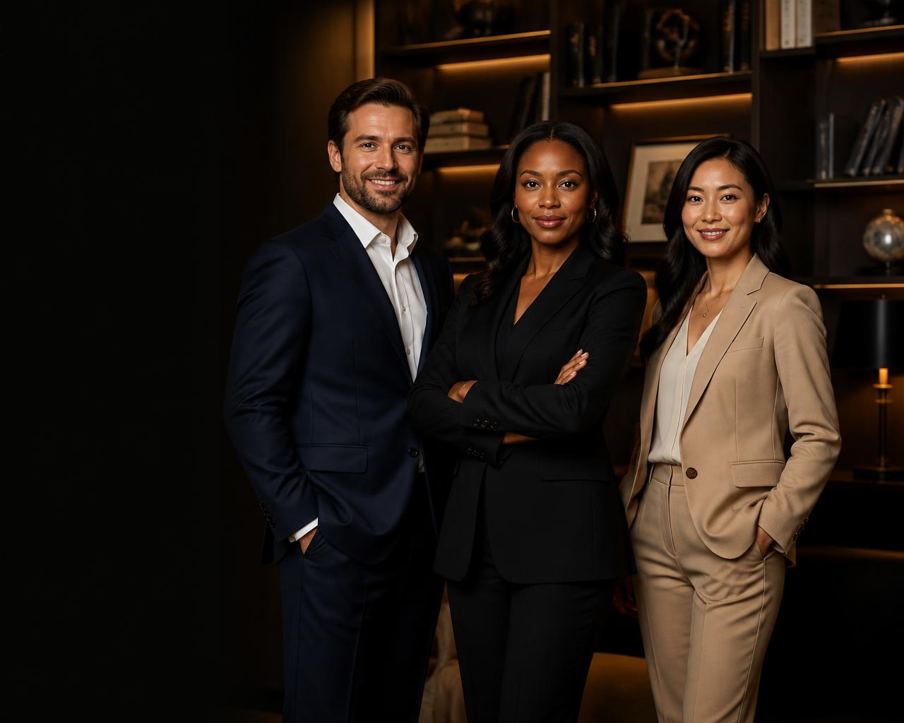 Three business professionals standing together in a warmly lit upscale office